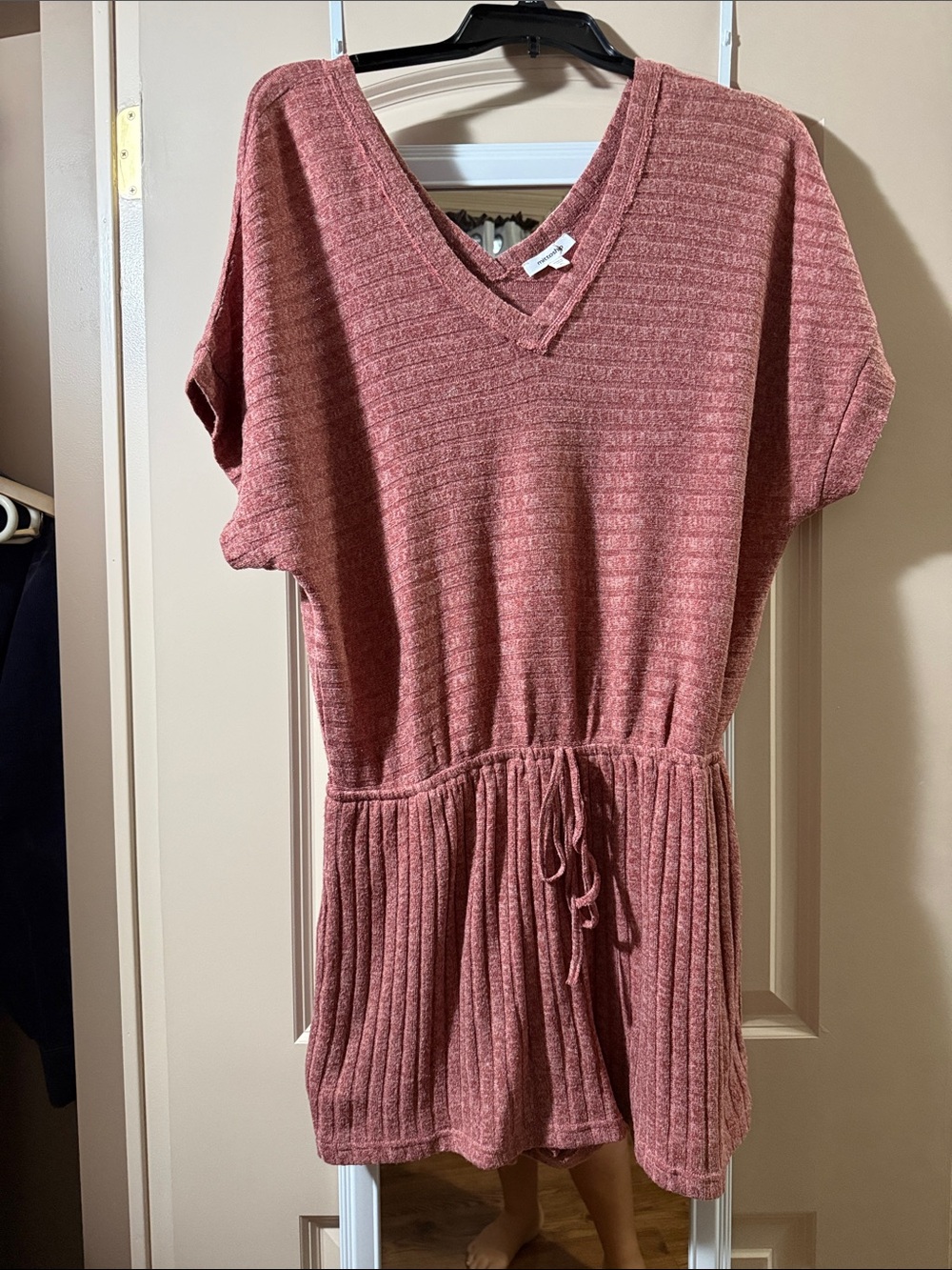 mittoshop Dusty Rose V-Neck Ribbed Drawstring Romper